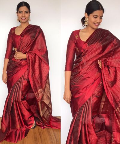 Maroon Pure Kanjivaram Silk Saree with Gold Zari Weaves