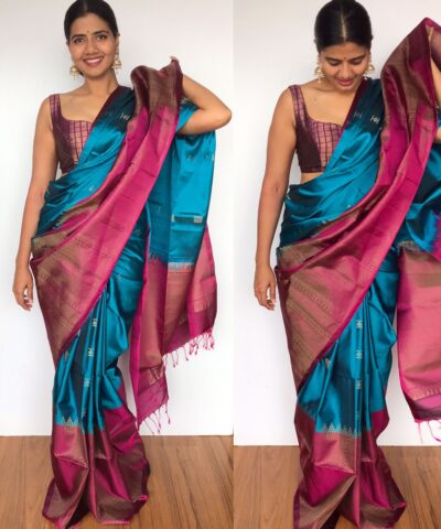 Blue Kanjivaram Silk Saree with Handwoven Silver and Gold Zari Weaves