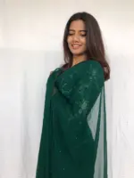 Bottle Green Chiffon Saree with Badla work - Image 5