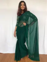 Bottle Green Chiffon Saree with Badla work - Image 2