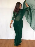 Bottle Green Chiffon Saree with Badla work