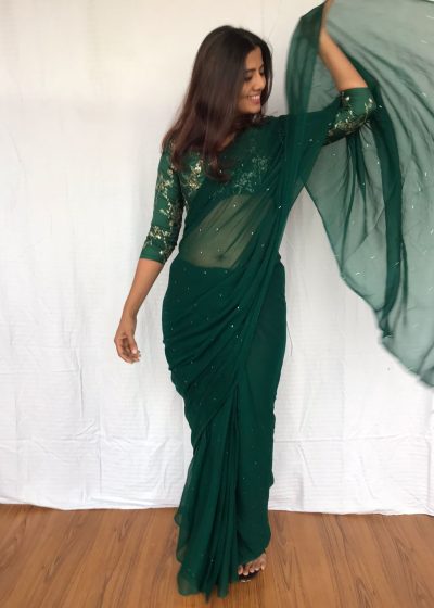 Bottle Green Chiffon Saree with Badla work