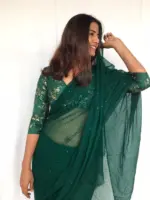 Bottle Green Chiffon Saree with Badla work - Image 4