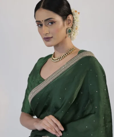 Bottle Green Organza Silk Saree with Embroidery Border adorned with Badla work