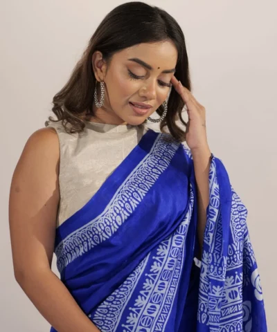 Royal Blue Block Printed Pure Silk Saree