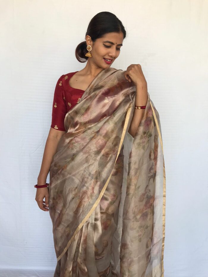 Grey Tissue Organza Saree