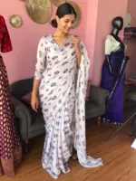 Pale Grey Georgette Satin Saree - Image 3