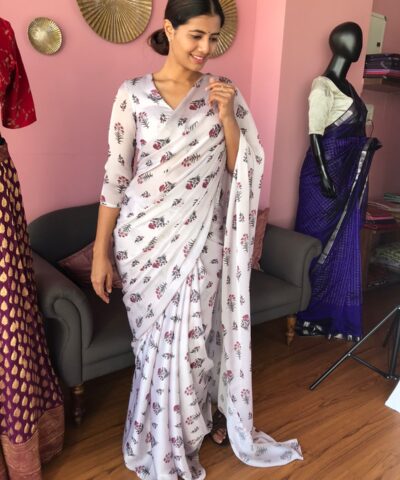 Pale Grey Georgette Satin Saree