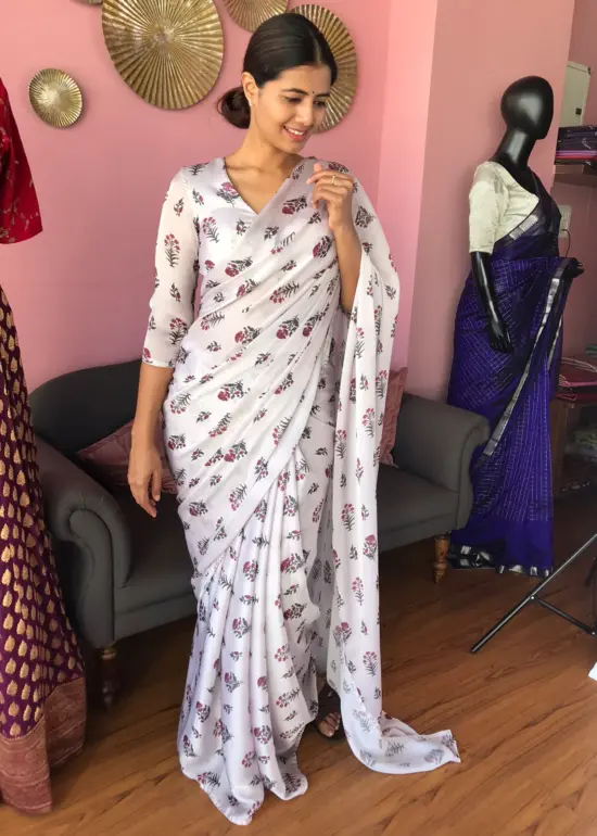 Pale Grey Georgette Satin Saree