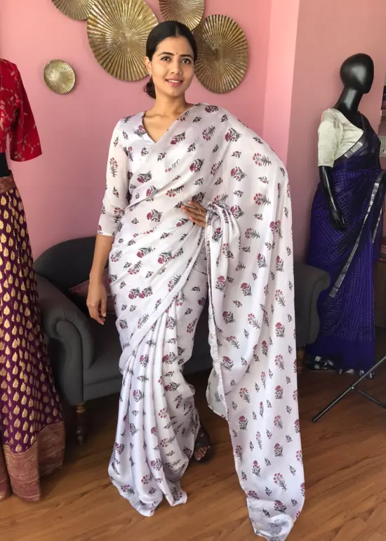 Pale Grey Georgette Satin Saree