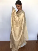 Ivory Banarasi Silk Saree adorned with Paisley Motifs - Image 3
