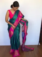 Emerald Green Kora Silk Saree - Image 5
