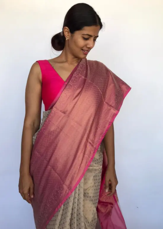 Cream Kora Silk Saree with Gold Zari Weaves