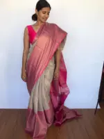 Cream Kora Silk Saree with Gold Zari Weaves - Image 4
