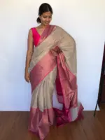 Cream Kora Silk Saree with Gold Zari Weaves - Image 3