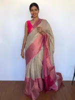Cream Kora Silk Saree with Gold Zari Weaves - Image 5