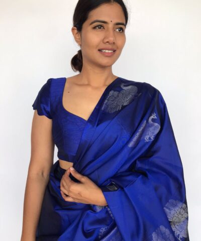 Pure Royal Blue Kanjivaram Silk Saree Handwoven with Peacock Motifs
