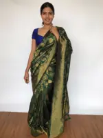 Bottle Green Banarasi Silk Saree adorned with Floral Weaves - Image 2