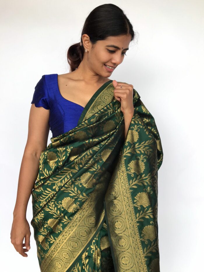 Bottle Green Banarasi Silk Saree adorned with Floral Weaves