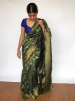 Bottle Green Banarasi Silk Saree adorned with Floral Weaves - Image 4