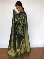Bottle Green Banarasi Silk Saree adorned with Floral Weaves - Image 5