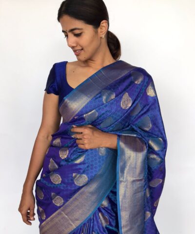 Blue Banarasi Silk Saree highlighted with Gold Zari Buttas
