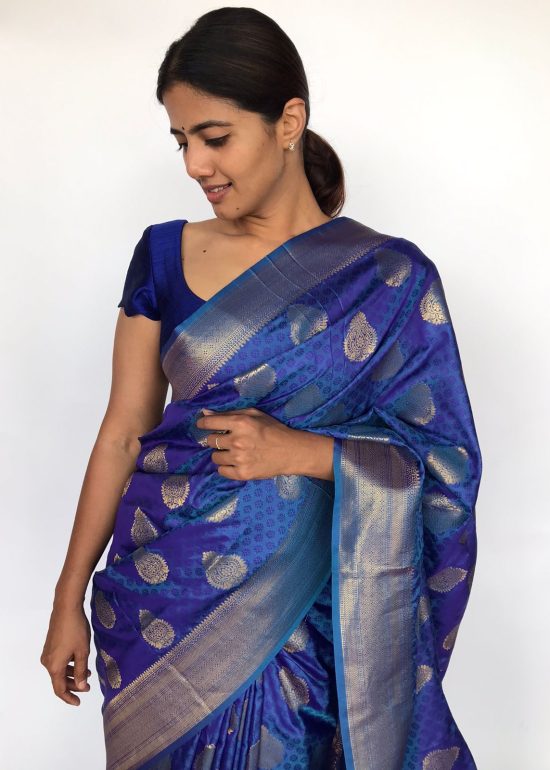Blue Banarasi Silk Saree highlighted with Gold Zari Buttas