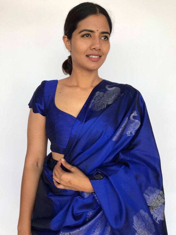Banarasee Handwoven Broad Border Zari Jaal Design Tissue Saree-Blue &