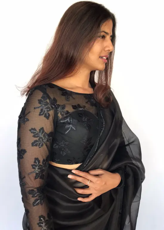 Embroidered Black Organza Blouse