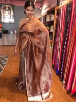 Metallic Brown Organza Silk Saree with Resham Silk Zari Weaves - Image 3