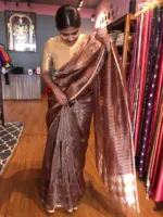 Metallic Brown Organza Silk Saree with Resham Silk Zari Weaves - Image 7