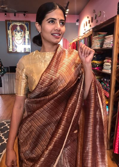 Metallic Brown Organza Silk Saree with Resham Silk Zari Weaves
