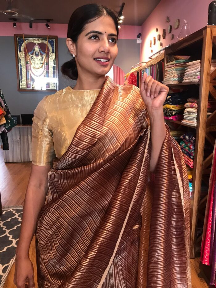 Metallic Brown Organza Silk Saree with Resham Silk Zari Weaves