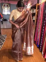 Metallic Brown Organza Silk Saree with Resham Silk Zari Weaves - Image 6