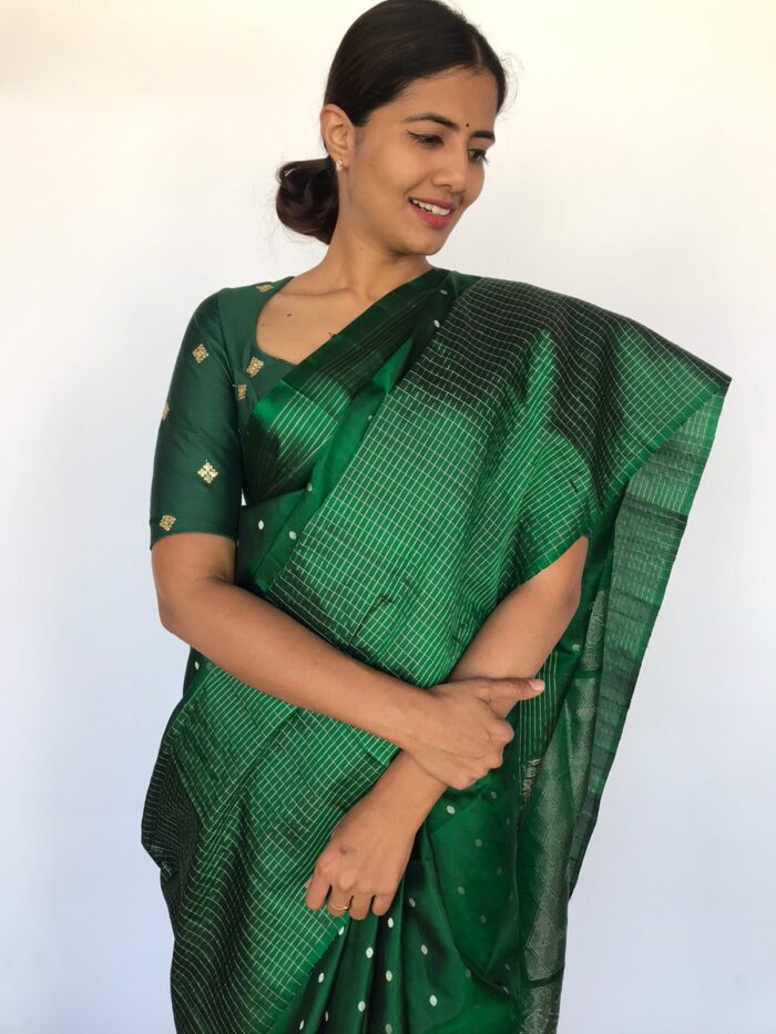 Bottle Green Kanjivaram Silk Saree with Silver Zari Buttas