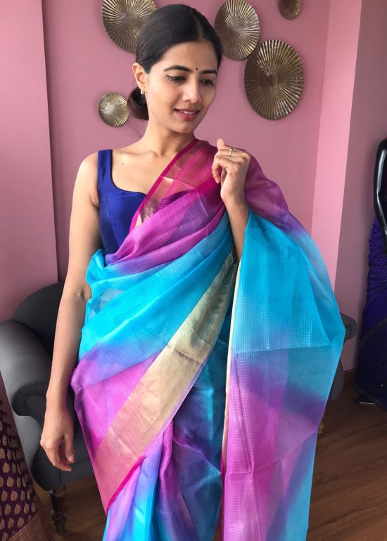Pure Blue Kota Silk Saree with Gold Zari Border