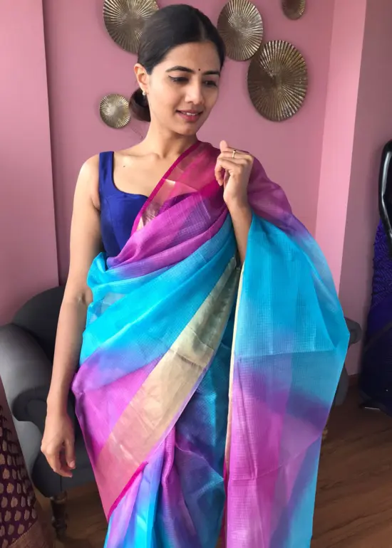 Pure Blue Kota Silk Saree with Gold Zari Border