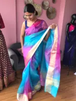 Pure Blue Kota Silk Saree with Gold Zari Border - Image 5