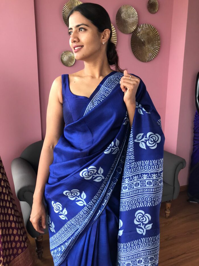 Royal Blue Block Printed Pure Silk Saree
