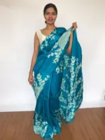 Ocean Blue Hand Painted Pure Silk Saree - Image 2