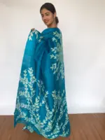 Ocean Blue Hand Painted Pure Silk Saree - Image 3
