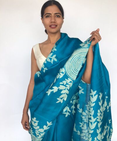 Ocean Blue Hand Painted Pure Silk Saree