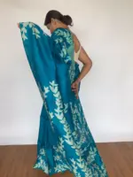 Ocean Blue Hand Painted Pure Silk Saree - Image 4