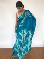 Ocean Blue Hand Painted Pure Silk Saree - Image 5