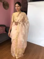 Peach Organza Silk Saree with Gold Zari Buttas - Image 3