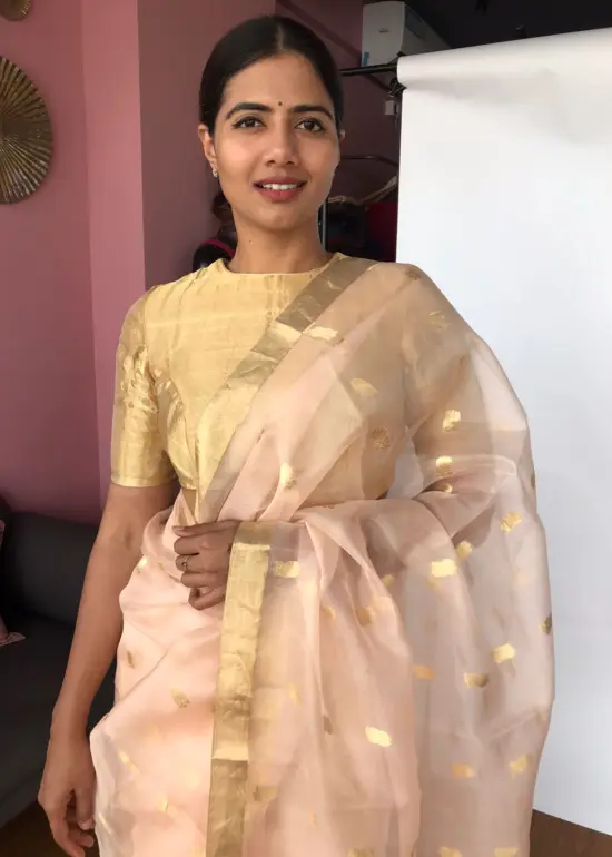 Peach Organza Silk Saree with Gold Zari Buttas