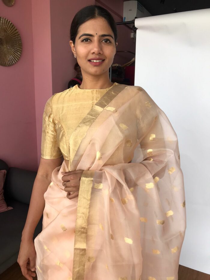 Peach Organza Silk Saree with Gold Zari Buttas