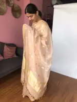 Peach Organza Silk Saree with Gold Zari Buttas - Image 4