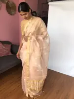 Peach Organza Silk Saree with Gold Zari Buttas - Image 5