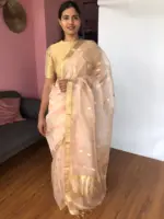 Peach Organza Silk Saree with Gold Zari Buttas - Image 2